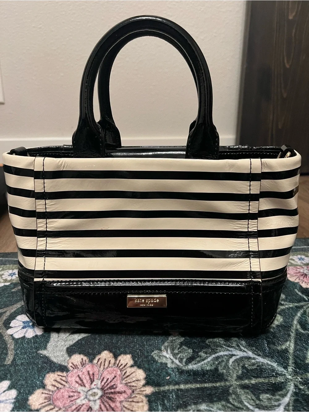 Kate Spade Black and White Striped Patent Leather Tote